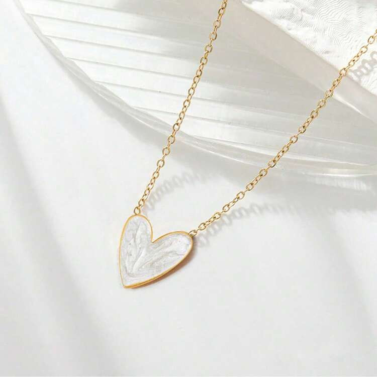 1pc Colorful Pearl Cream Stainless Steel Heart Necklace, Sweet & Fashionable Jewelry, Ideal Valentine's Day Gift | SHEIN