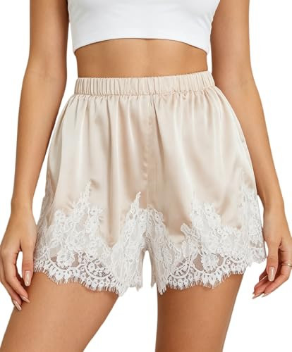 Seyumixi Women Satin Lace Shorts Silk Slip Mini Shorts Low Rise Coquette Elastic Waist Lace Trim Pettipants Lounge Bottoms(Casual Champagne,L) | Amazon (US)