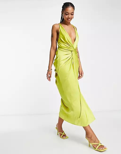 ASOS DESIGN satin midi dress with knot front and drape skirt in green | ASOS (Global)