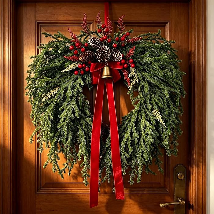 24 Inch Christmas Wreath for Front Door - Artificial Cedar Winter Wreath with Red Velvet Bow, Gol... | Amazon (US)