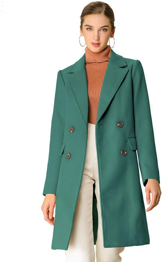 Allegra K Women's Notch Lapel Double Breasted Belted Mid Long Outwear Winter Coat | Amazon (US)