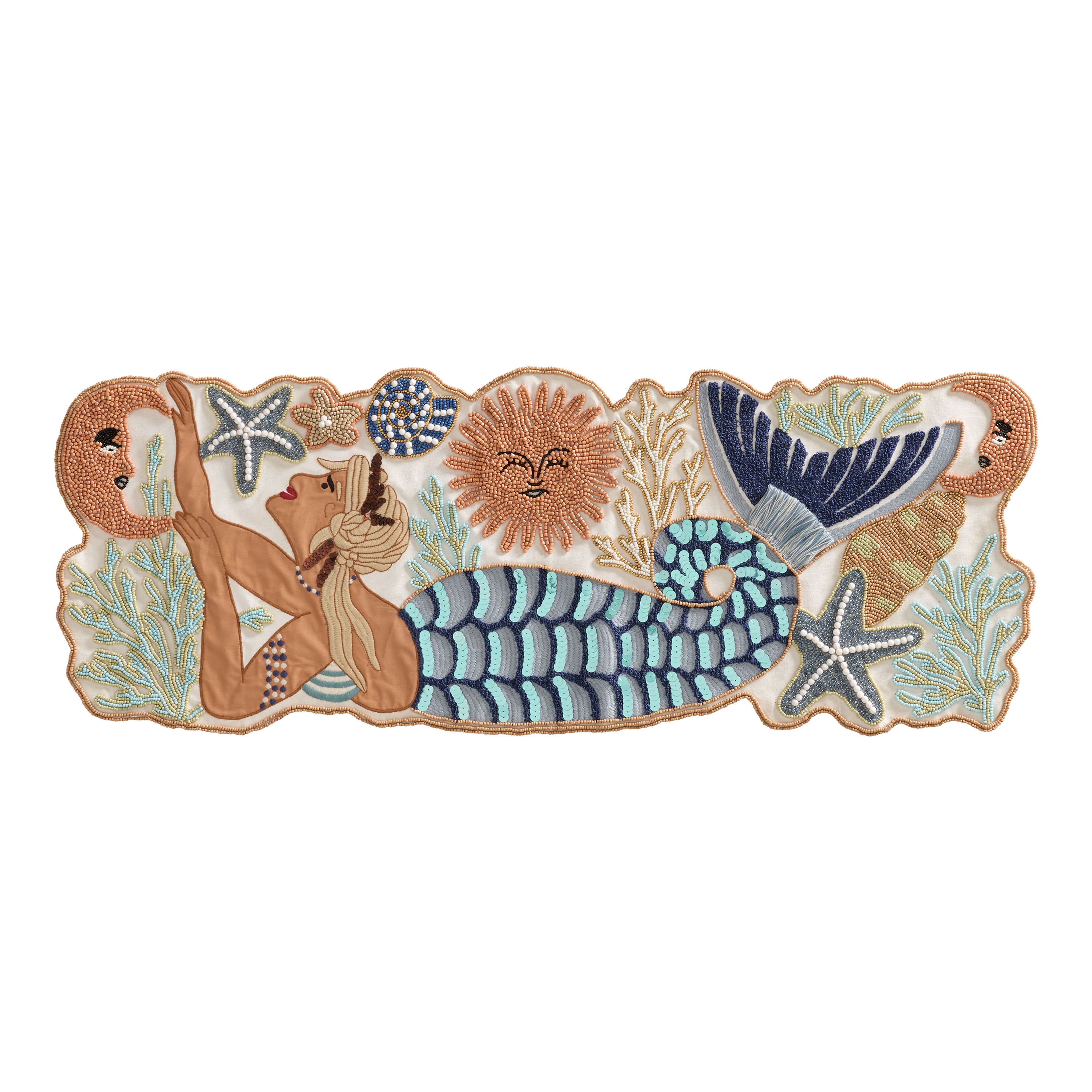 Blue and Tan Mystic Mermaid Embroidered Beaded Table Runner | World Market