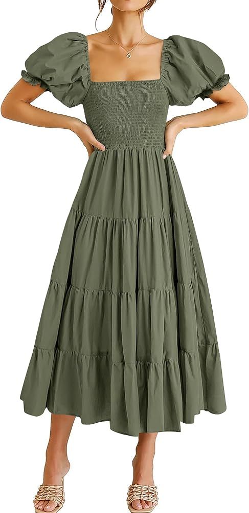 ANRABESS Women's Casual 2024 Summer Midi Dress Puff Short Sleeve Square Neck Smocked Tiered Boho ... | Amazon (US)