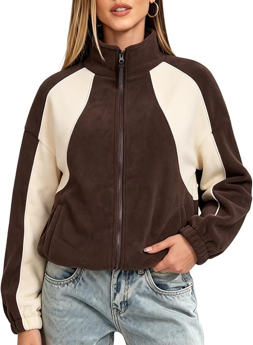 QINSEN Womens Full Zip Fleece Jacket Color Block Sweatshirt Sherpa Coat | Amazon (US)