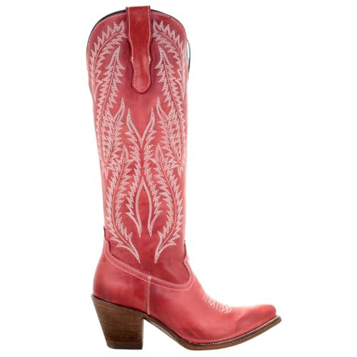 Corral Boots Womens Rioja Red Embroidered Snip Toe Casual Boots Knee High Mid Heel 2-3" - Red - Size 8 B | Amazon (US)