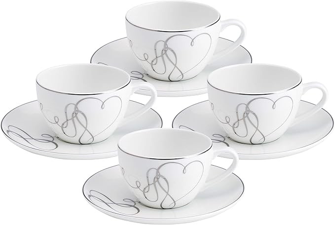 Mikasa Love Story Platinum Banded Teacup and Saucer Set, Set of 4, 9.6-Ounce, White | Amazon (US)