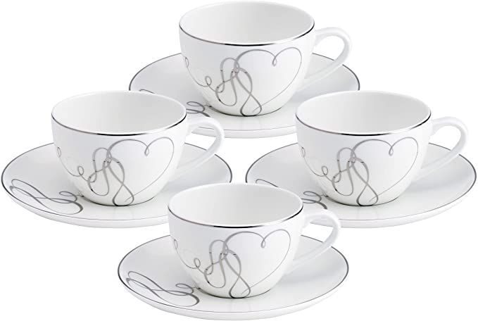 Mikasa Love Story Platinum Banded Teacup and Saucer Set, Set of 4, 9.6-Ounce, White | Amazon (US)