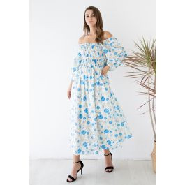 Flowery Field Off-Shoulder Shirred Midi Dress in Blue | Chicwish