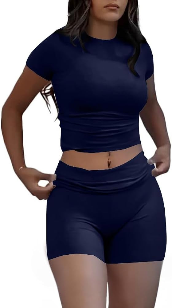 AYWA Women's Two Piece Sets Summer Slim Fitted Short Sleeve Tops Foldover Shorts Matching Lounge ... | Amazon (US)