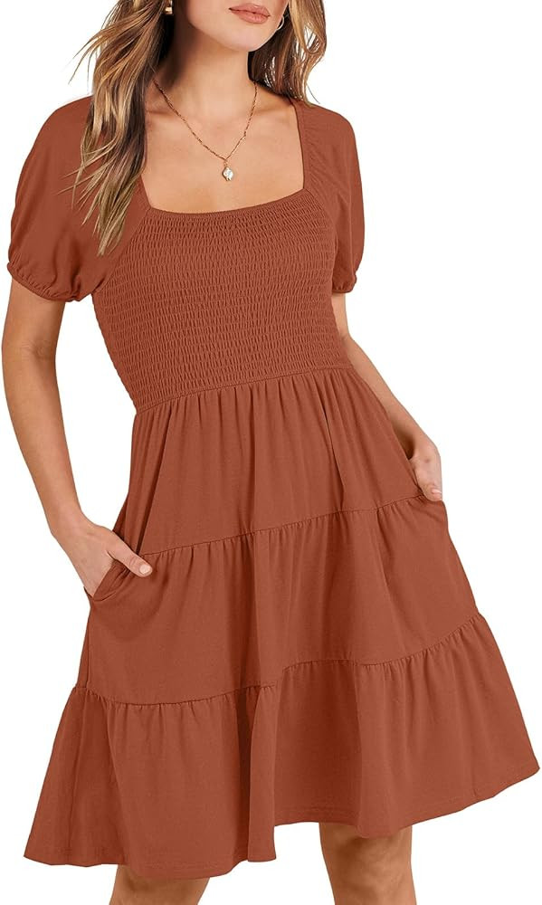 ANRABESS Womens 2024 Summer Casual Mini Dress Square Neck Puff Sleeve Boho Beach Cover Up Vacatio... | Amazon (US)