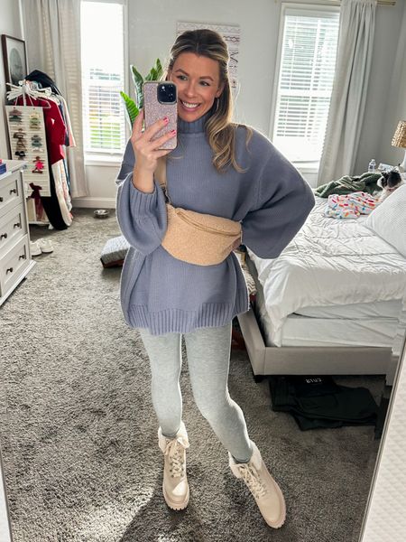 Been living in this outfit! Cozy winter look, oversized sweater, fleece lined leggings, lace up booties, Sherpa belt bag, athleisure wear, gifts for her 

#LTKstyletip #LTKHoliday #LTKSeasonal