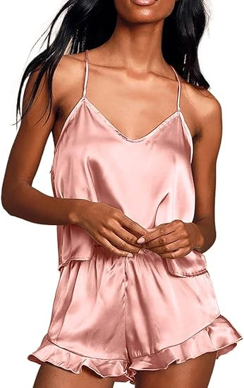 CHYRII Women's Sexy Silk Satin Ruffled Pajamas Sets Cami Shorts Sets Sleepwear | Amazon (US)
