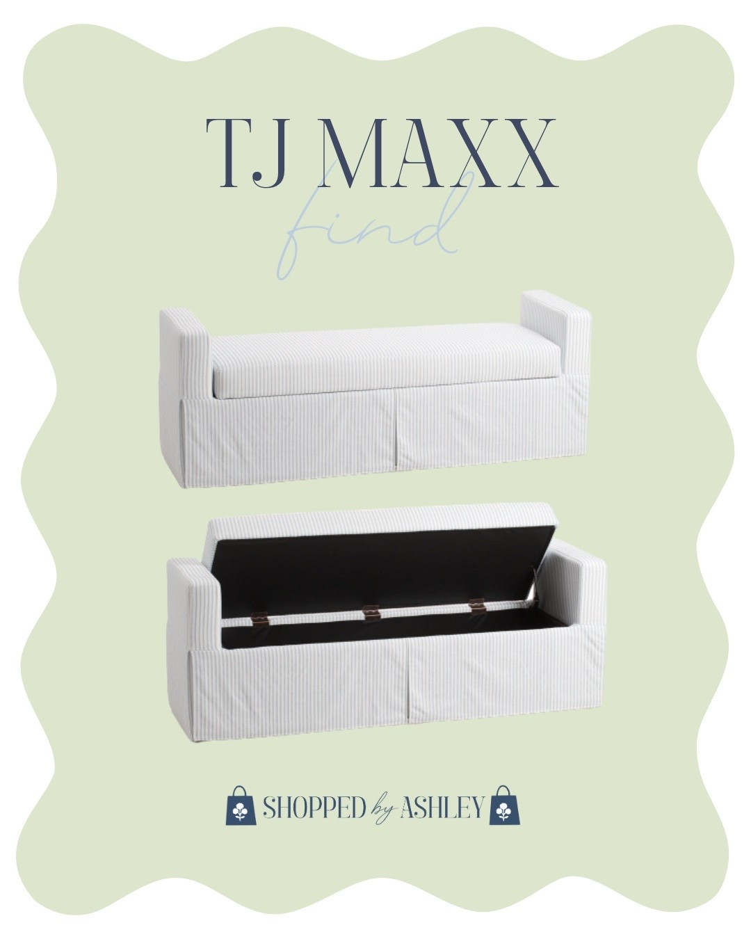 New blue and white stripe storage bench! 

Perfect for a nursery, in front of a window, play room, or end of bed 

Lillian August, HomeGoods, storage bench, storage ottoman, end of bed bench, Grandmillennial home, blue and white pinstripe, designer look 

#LTKHome