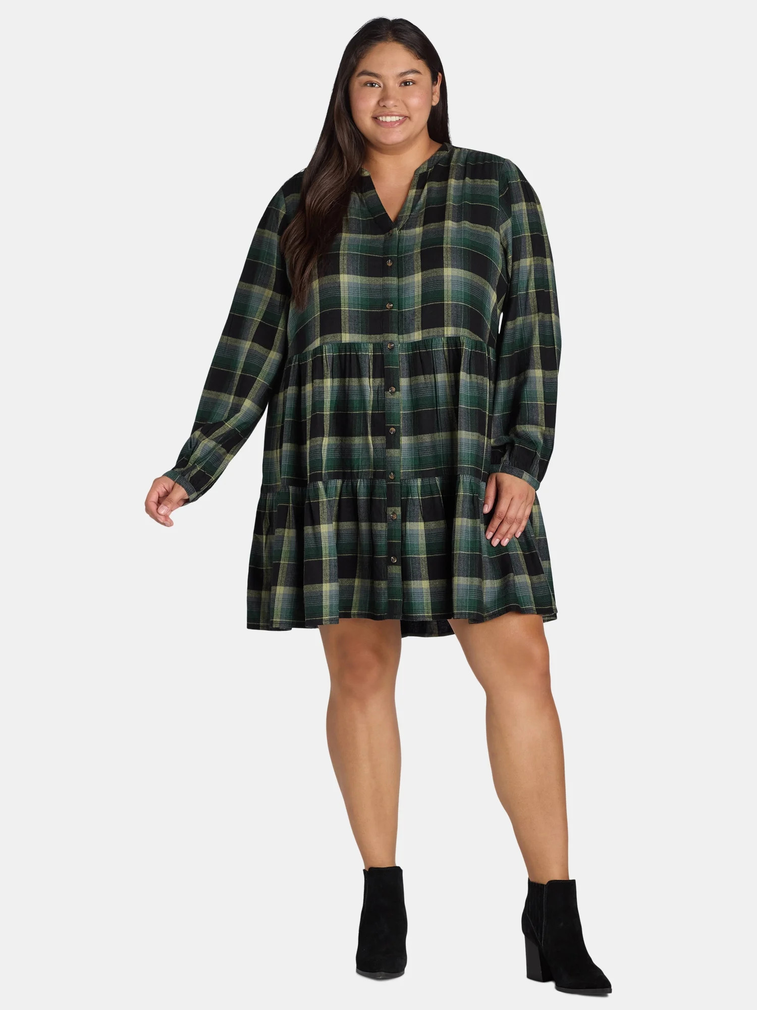 Time And Tru Women's and Women's Plus Tiered Plaid Shirt Dress, Sizes XS-4X | Walmart (US)