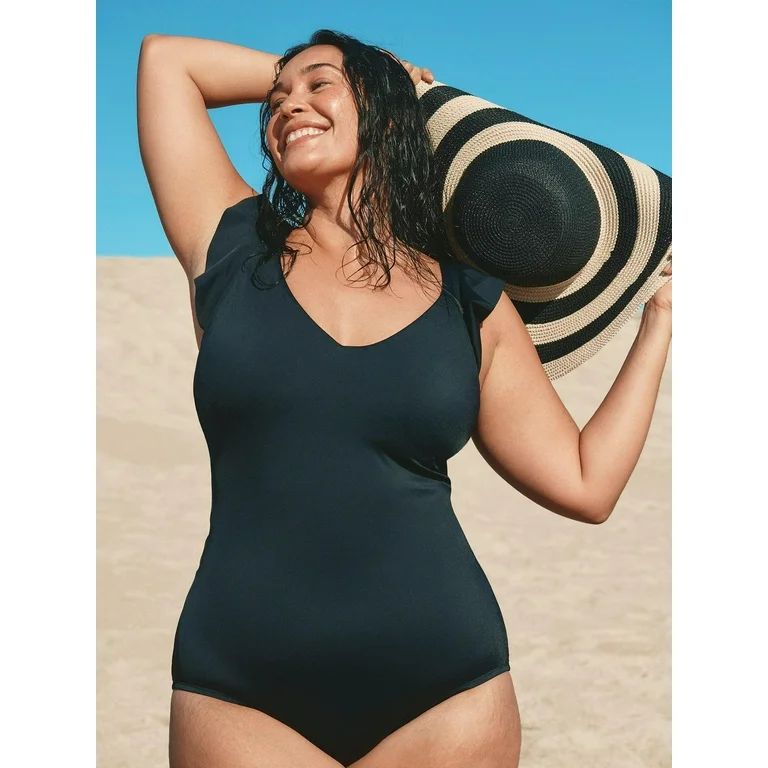Time and Tru Women's and Women's Plus Solid Ruffle Sleeve One Piece Swimsuit, Sizes S-3X - Walmar... | Walmart (US)