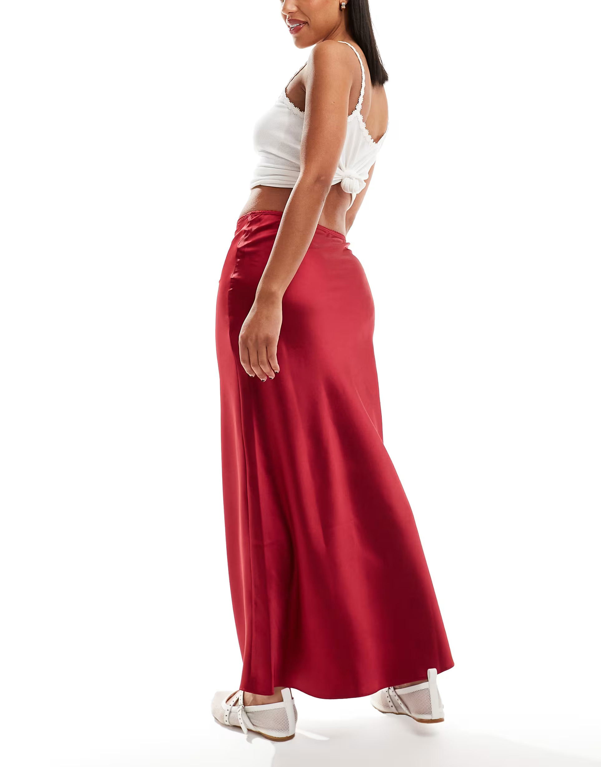 Miss Selfridge satin bias maxi skirt in red | ASOS (Global)