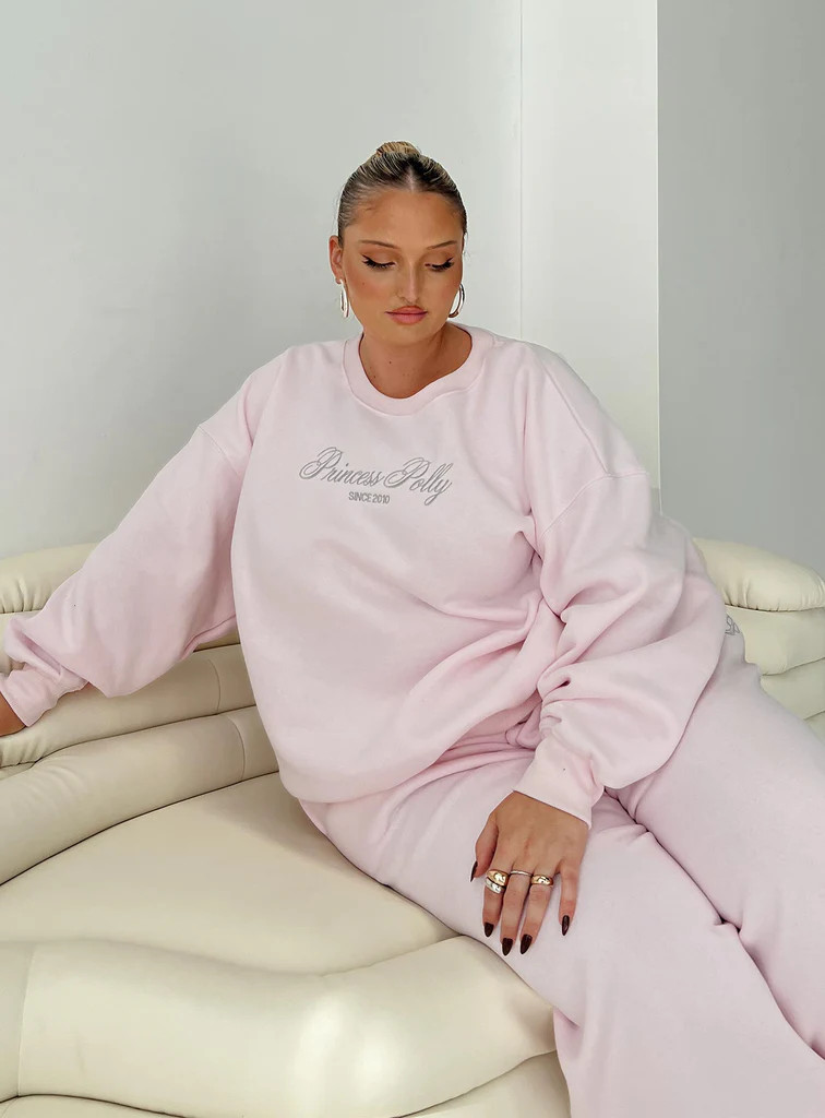 Princess Polly Crew Neck Sweatshirt Script Baby Pink / Grey Curve | Princess Polly US