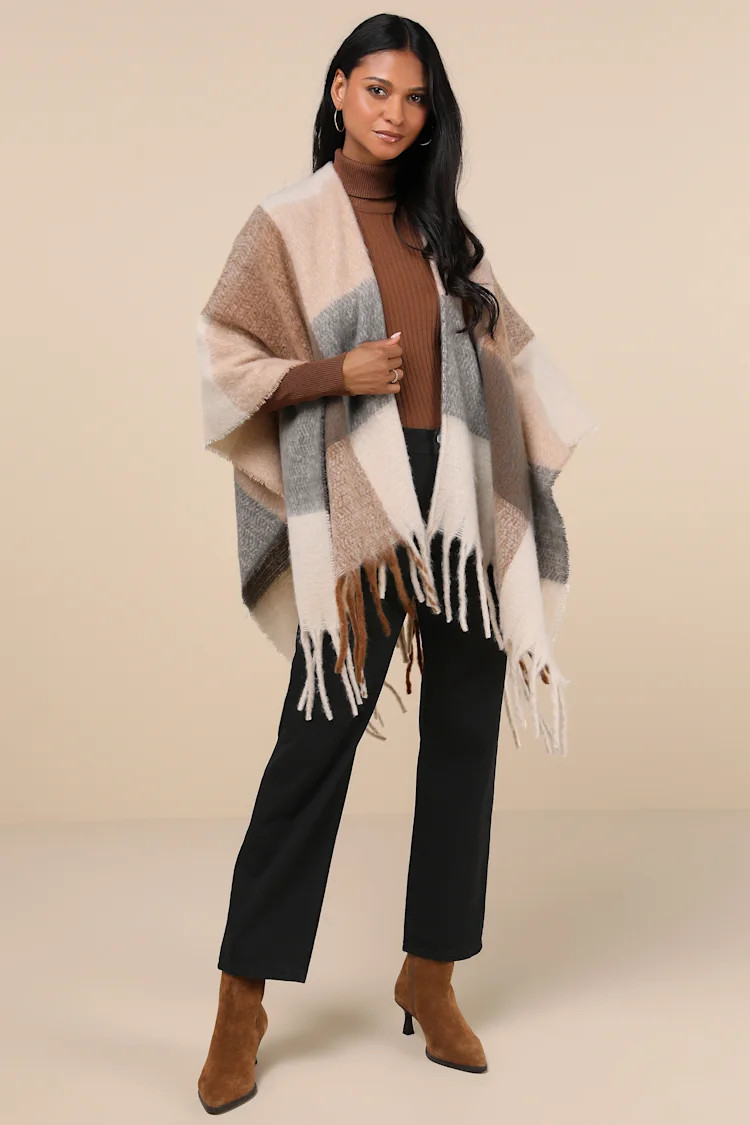 Coziest Babe Ivory and Brown Plaid Wrap | Lulus