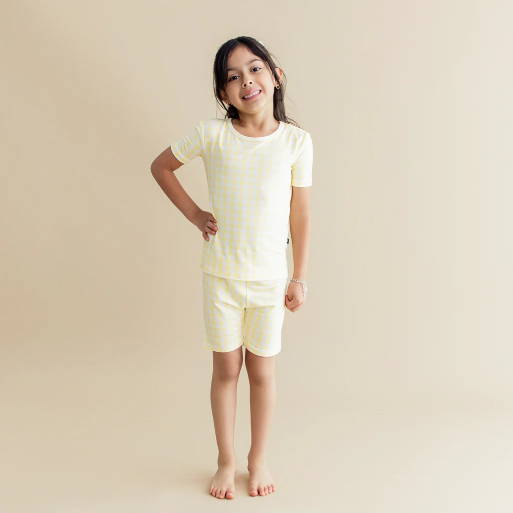 Short Sleeve Pajamas in Gingham Chamomile | Kyte Baby