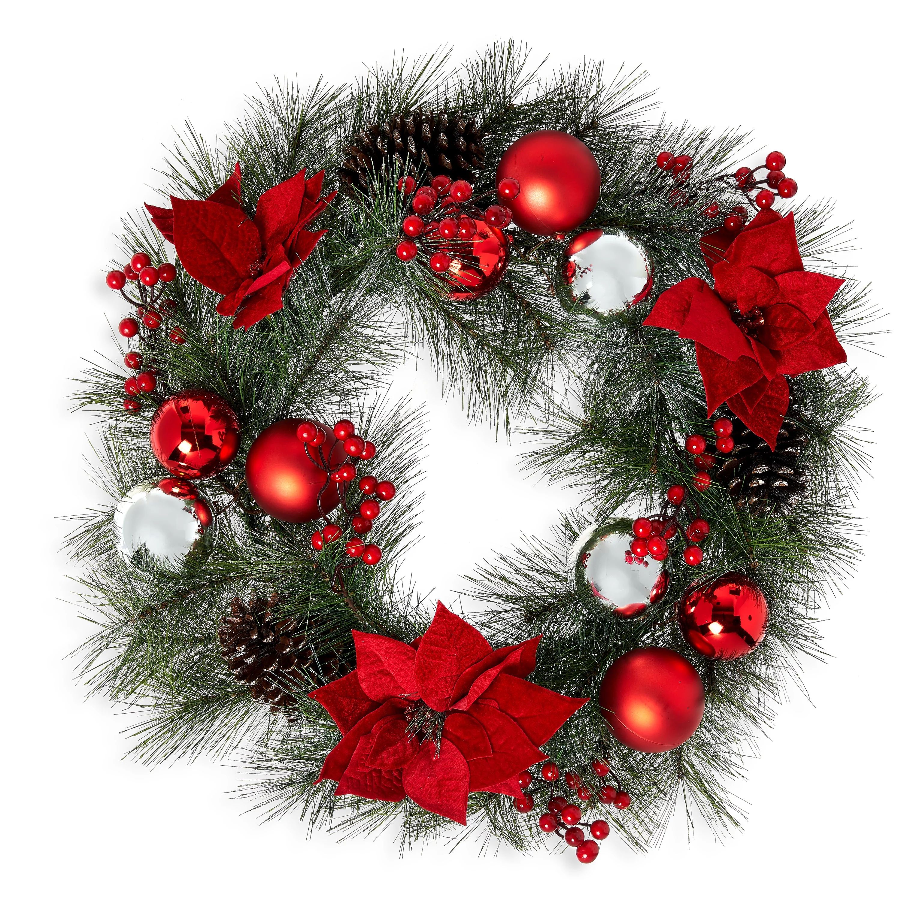 Holiday Time Red Poinsettia Christmas Wreath, 28 Inch - Walmart.com | Walmart (US)