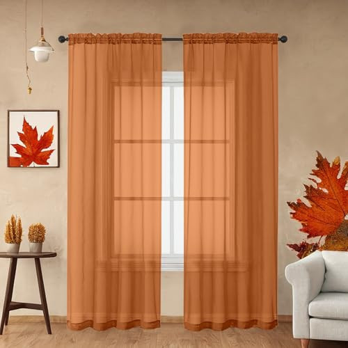 OWENIE Orange Sheer Curtains 96 Inch Length, Elegant Sheer Curtains for Bedroom, Window Voile Sheer Curtain Panels/Drapes/Treatment for Living Room, 2Pcs, Each 42" W x 96" L | Amazon (US)