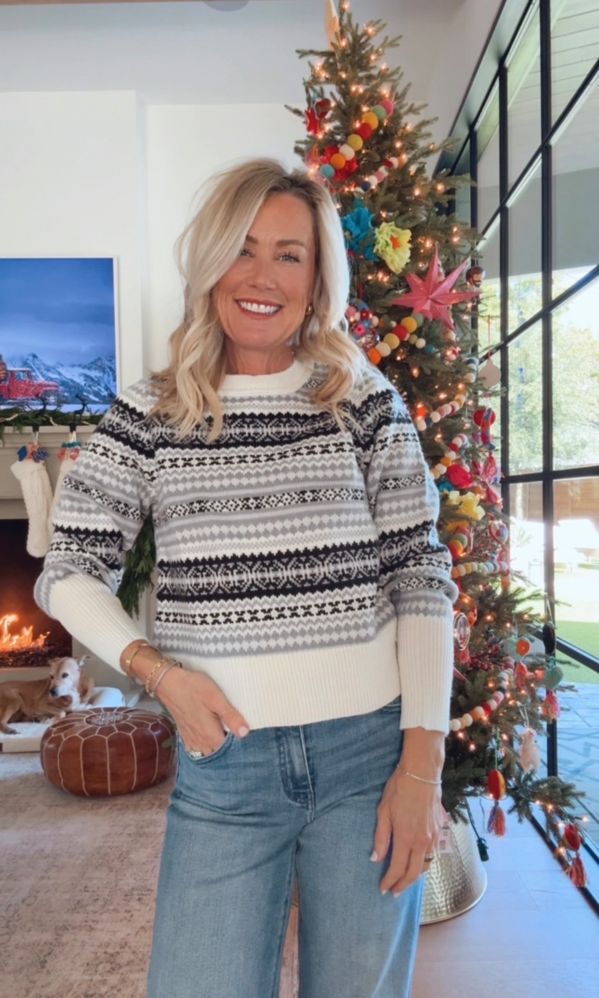 Love the neutral colors on this festive sweater! Such a good cozy staple to pair with jeans for the holidays. Wearing size XS sweater but would prefer a small!

#LTKOver40 #LTKHoliday #LTKSeasonal