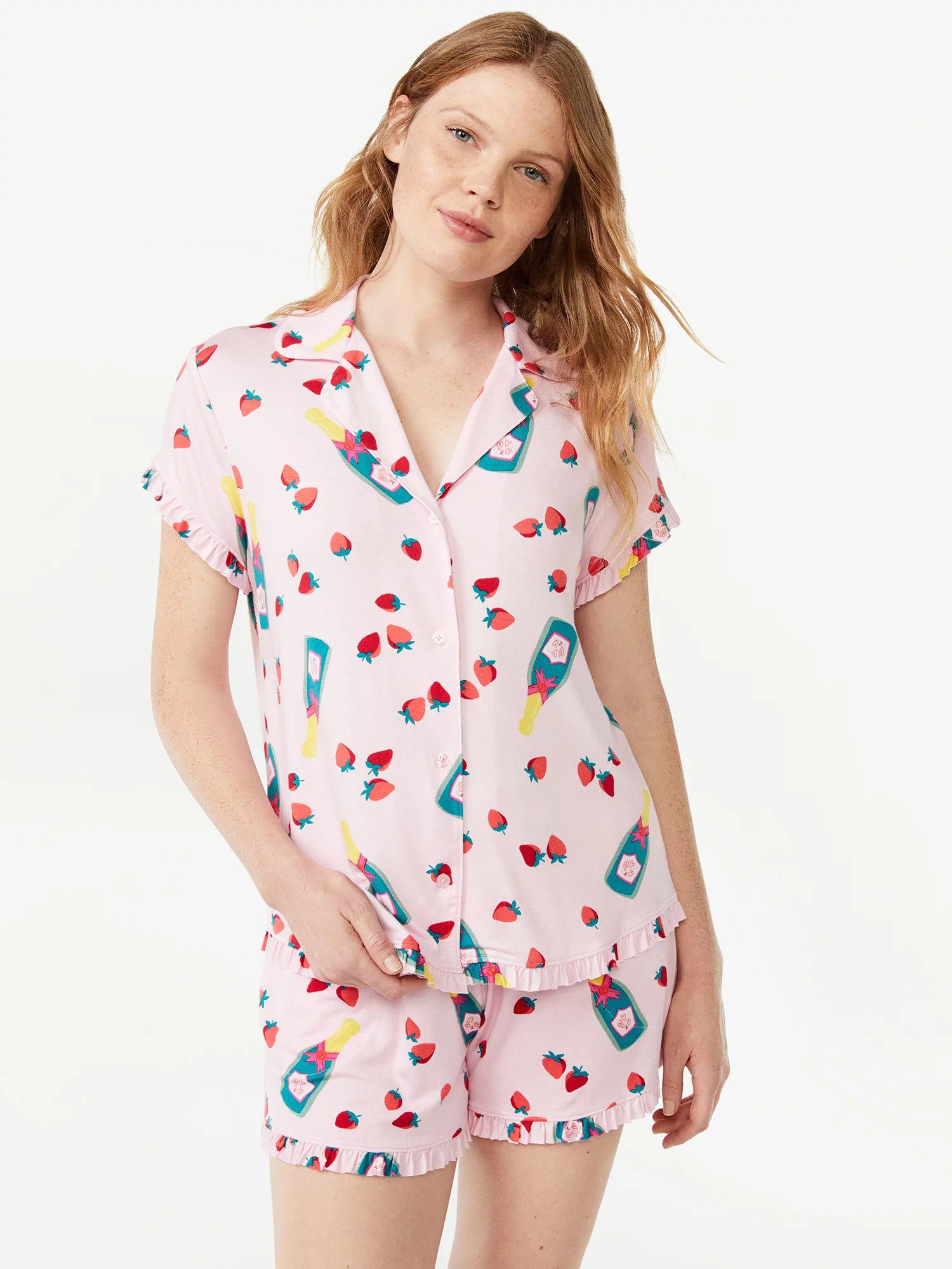 Joyspun Women's Ruffled Pajama Top and Shorts Set, 2-Piece, Sizes S to 3X | Walmart (US)