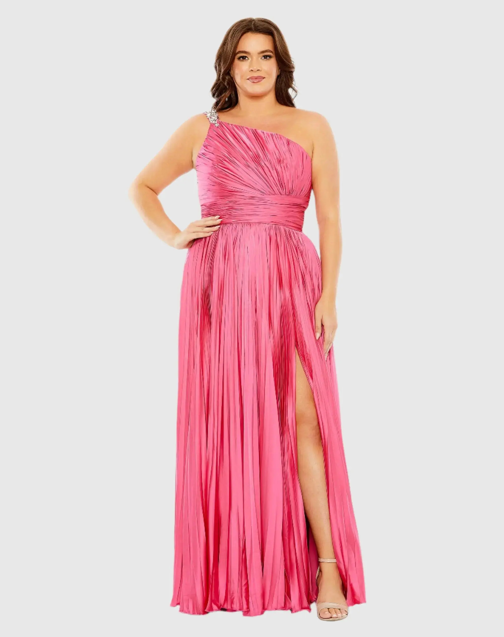 Pink One Shoulder Embellished Pleated Sleeveless Gown - Mac Duggal | Mac Duggal