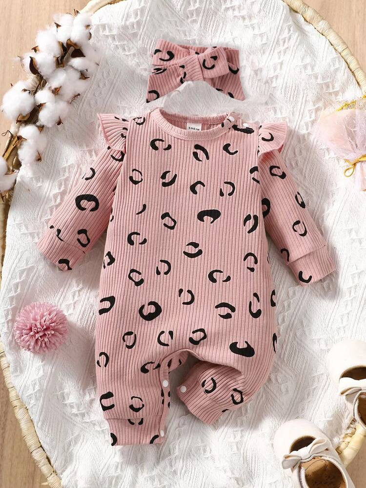 Baby Allover Print Ruffle Trim Jumpsuit & Headband | SHEIN
