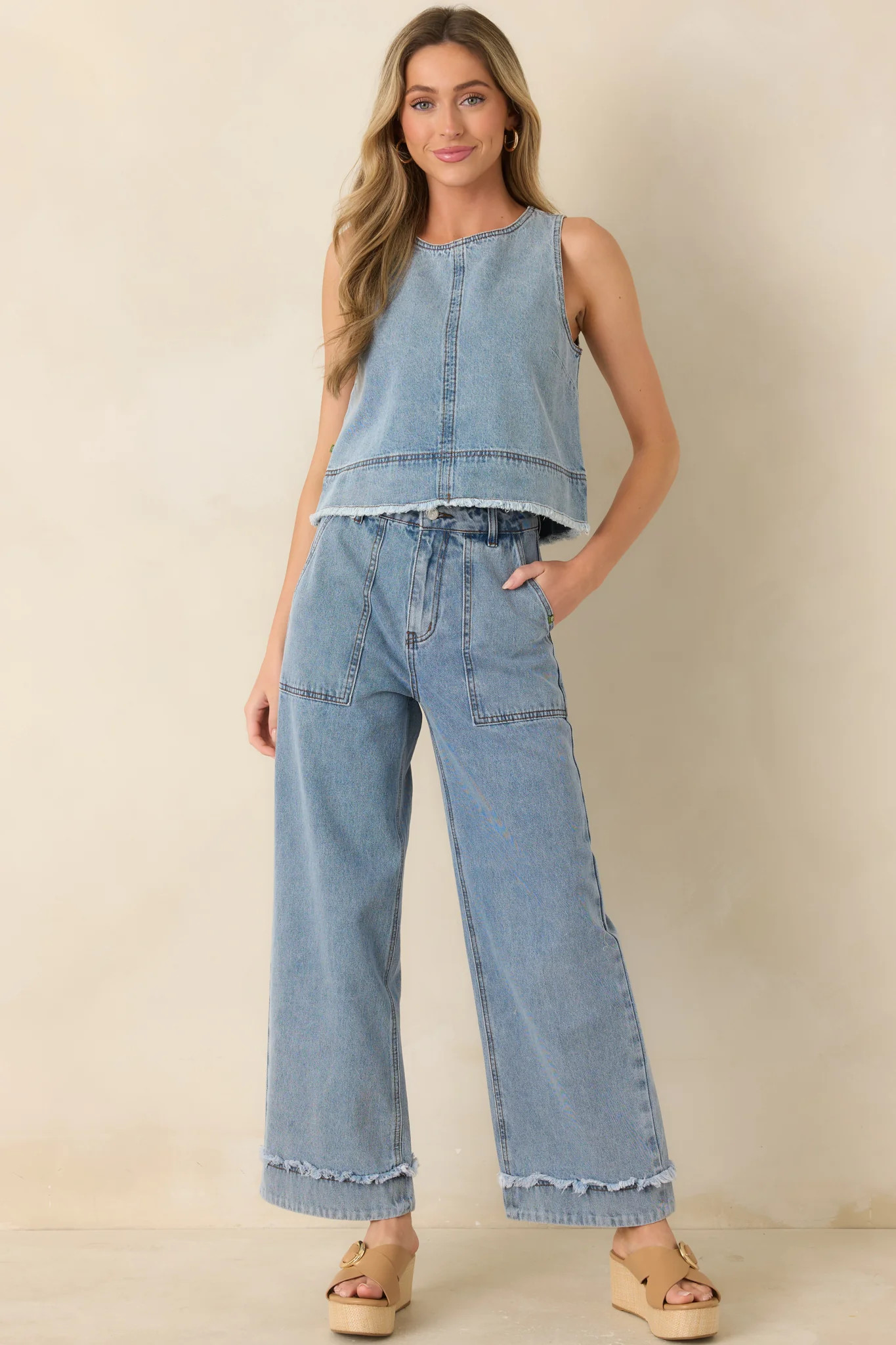 FRNCH Aqualina Light Wash Cotton Denim Top | Red Dress