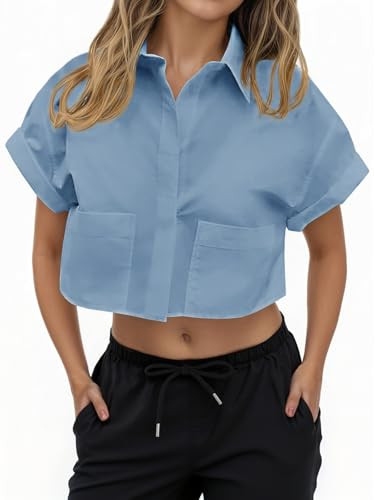 Tankaneo Womens Button Down Shirts Cropped Short Sleeve Casual Crop Tops Blouses with Pockets | Amazon (US)