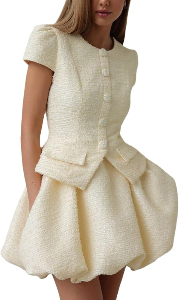 Women's Elegant 2 Piece Skirt Sets Crew Neck Button Top and Pleated Mini Puffy Skirt Summer Cute ... | Amazon (US)