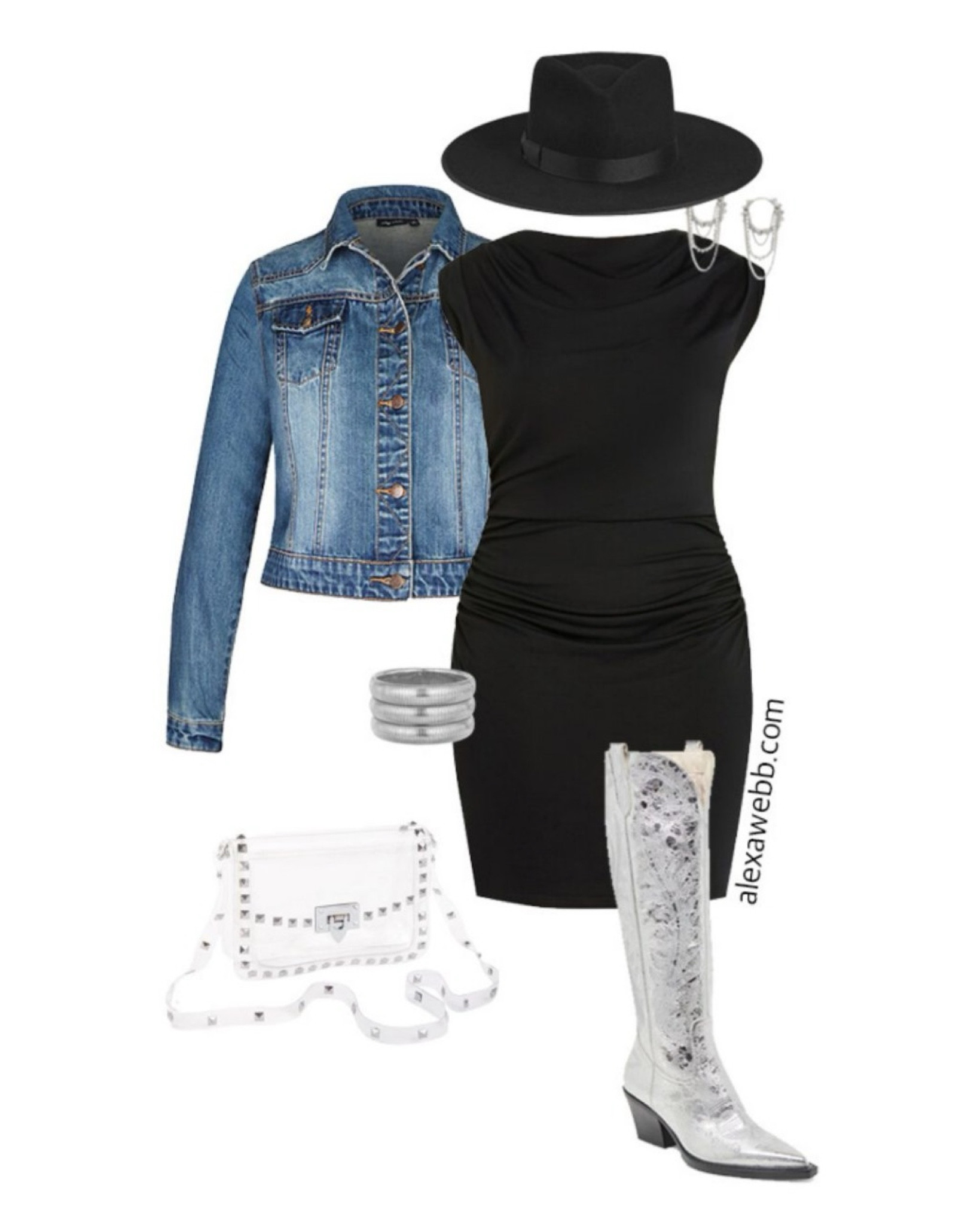 Plus Size Fall Concert Outfits - A plus size night out outfit with a black body con dress, denim jacket, silver cowboy boots, black rancher hat, and a clear studded bag. Alexa Webb #plussize

#LTKStyleTip #LTKOver40 #LTKPlusSize