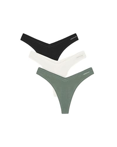 Organic Basics Womens Flex Organic Cotton Thong Underwear 3-Pack, Black/Off White/Seaweed, Large | Amazon (US)