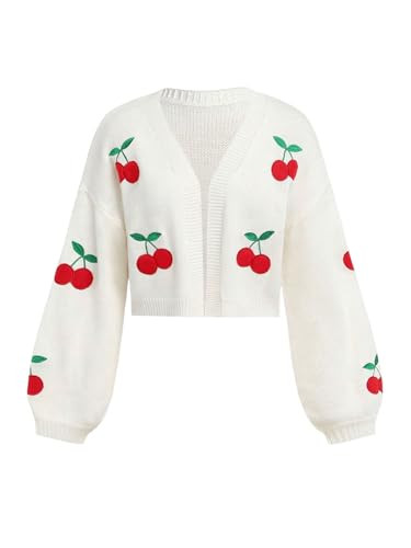 BEAUDRM Girl's Cherry Cardigan Sweater Long Sleeve Cropped Cardigan Drop Shoulder Open Front Knit Cardigan Sweaters Coat White 16Y | Amazon (US)