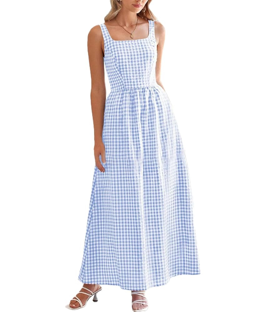 SOMTHRON Women's Summer Plaid Spaghetti Strap Maxi Dress Sleeveless A Line Smocked Flowy Long Bea... | Amazon (CA)