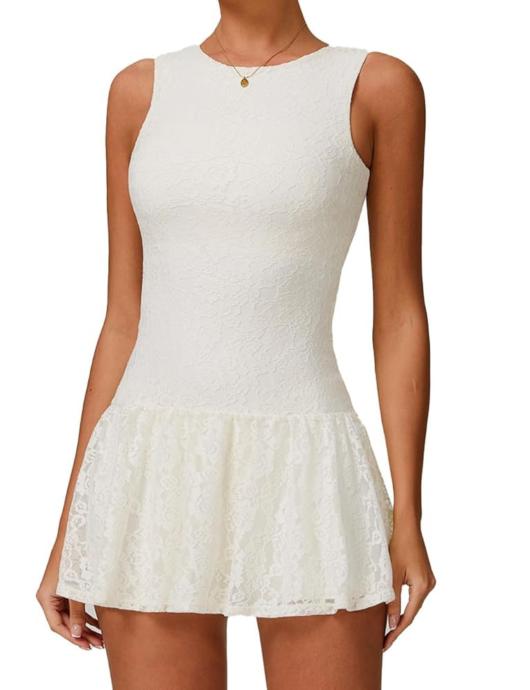 Womens High Neck Retro Tennis Dress Sleeveless Lace Golf Athletic Dress Build in Shorts Mini Dres... | Amazon (US)