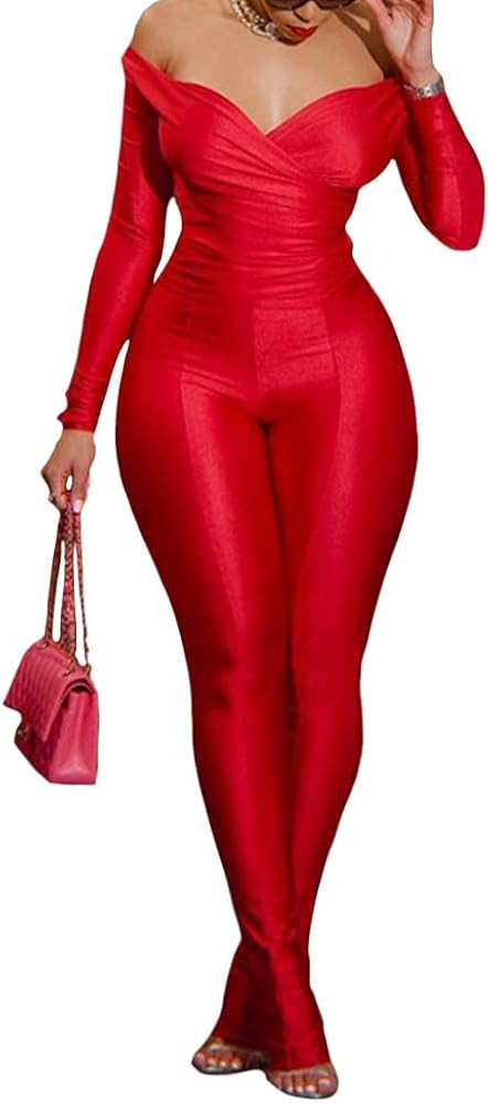 2 Piece Outfits for Women Sexy Off Shoulder Tops Bodycon Flared Pant Sets Club Outfits Tracksuit | Amazon (US)