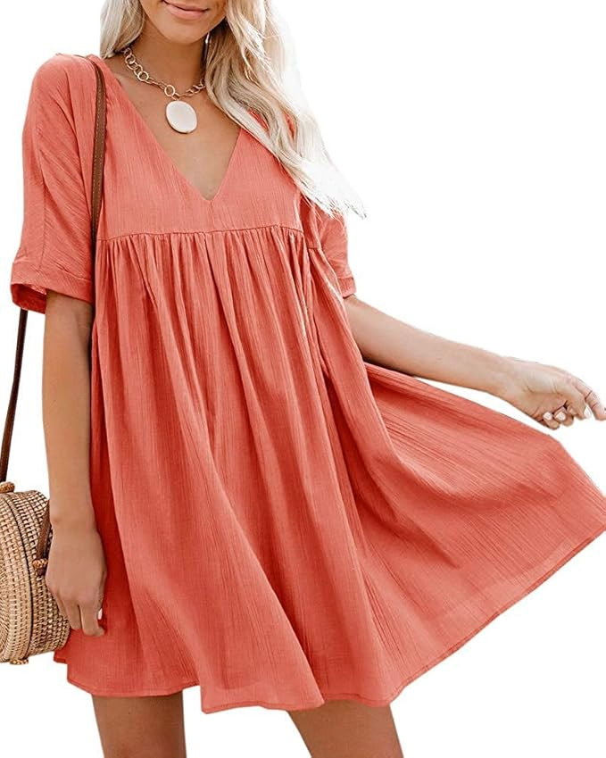 Hestenve Women's Short Sleeve V Neck Pleated Babydoll Solid Color Tunic Party Swing Mini Dress | Amazon (US)
