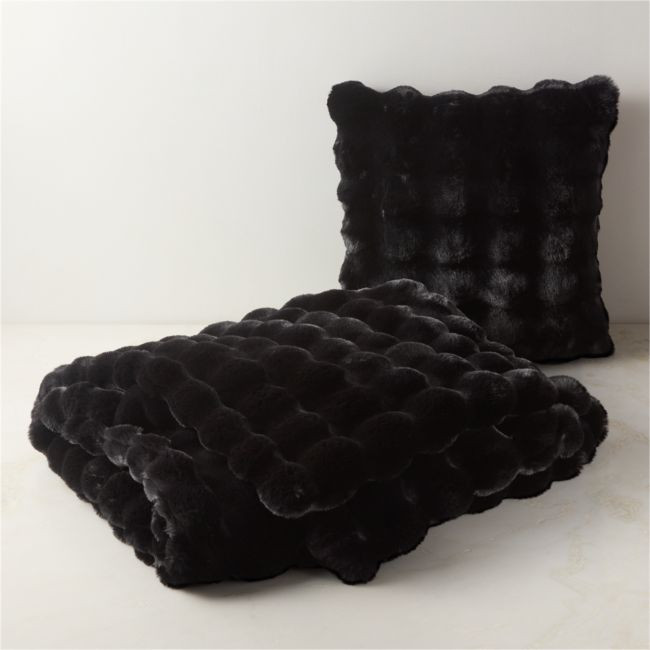 Farleigh Black Faux Fur Throw Pillow Cover and Throw Blanket Set | CB2