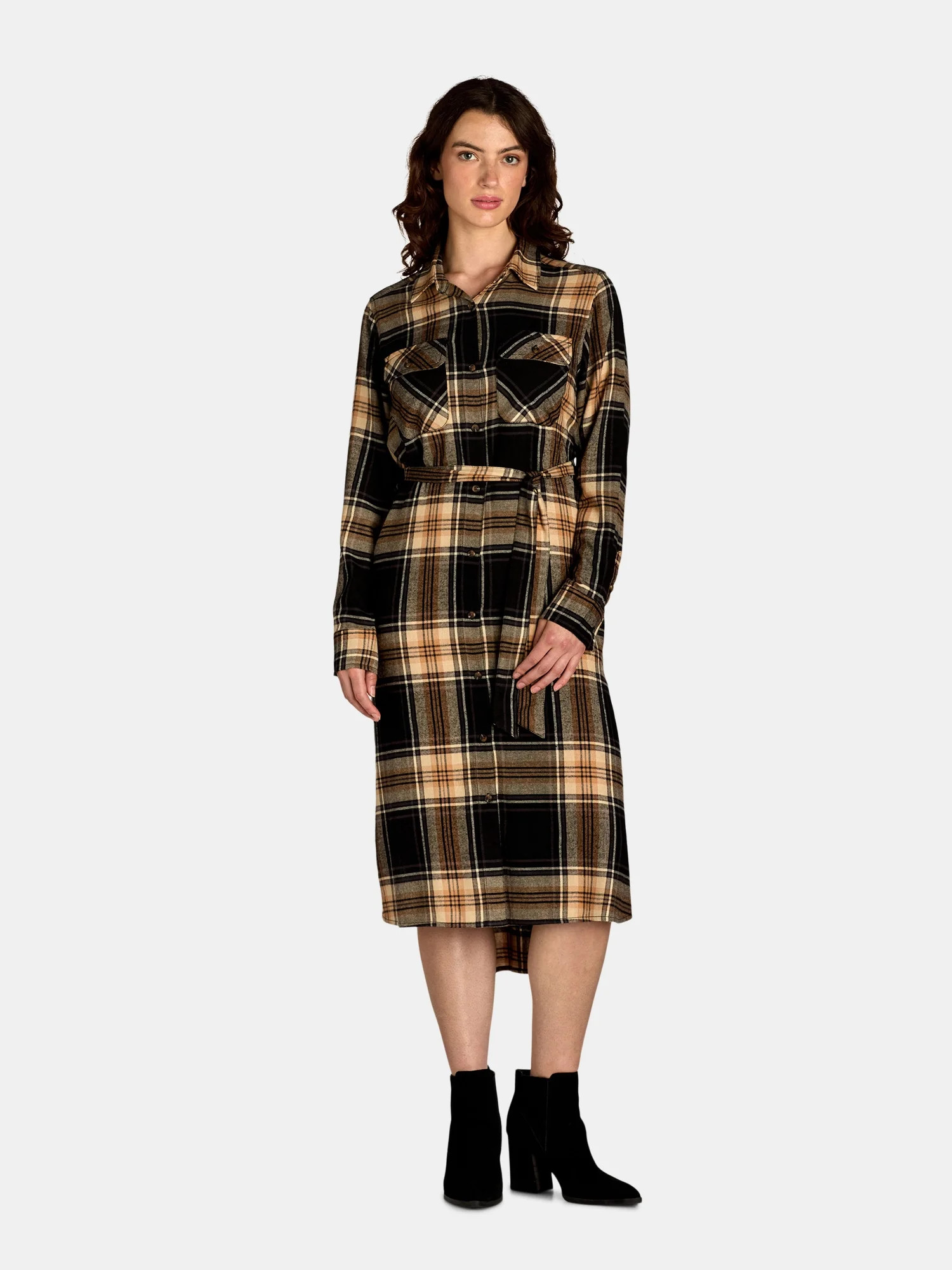Time and Tru Women’s and Women’s Plus Plaid Button Front Dress with Belt, Sizes XS-4X | Walmart (US)