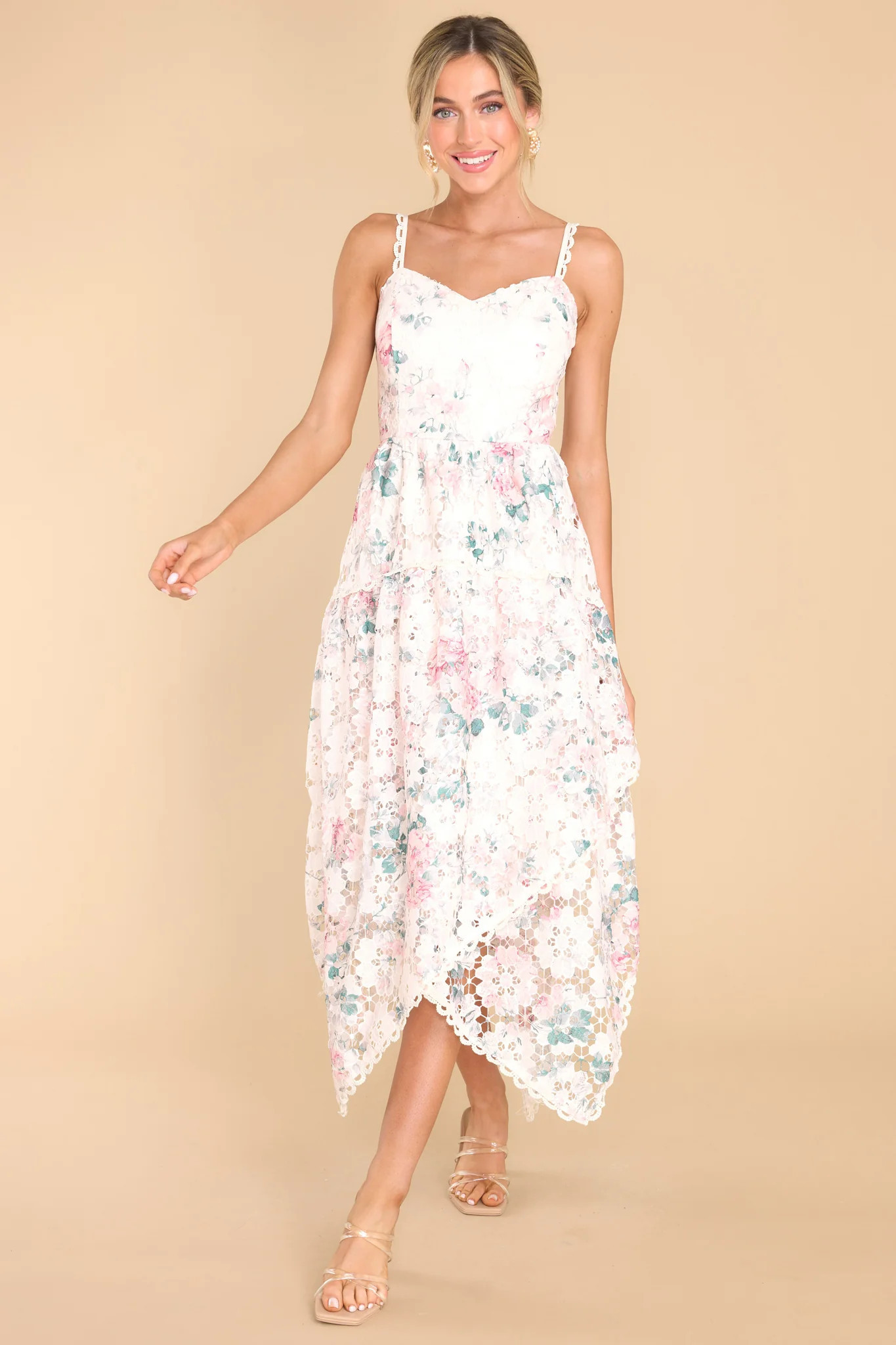Flirt For Fun Ivory Floral Print Dress | Red Dress