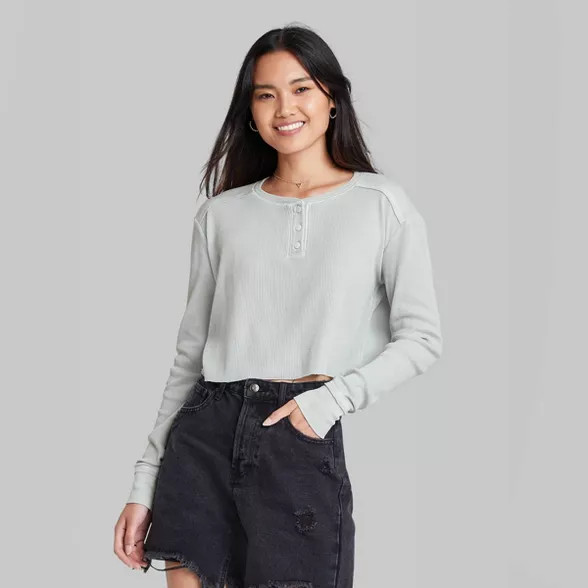 Women's Long Sleeve Boxy Waffle Henley T-Shirt - Wild Fable™ | Target