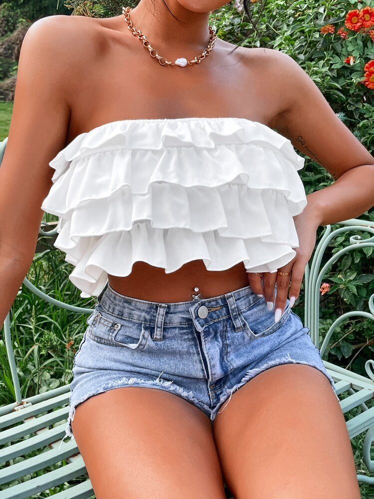 SHEIN PETITE Layered Ruffle Trim Tube Top | SHEIN