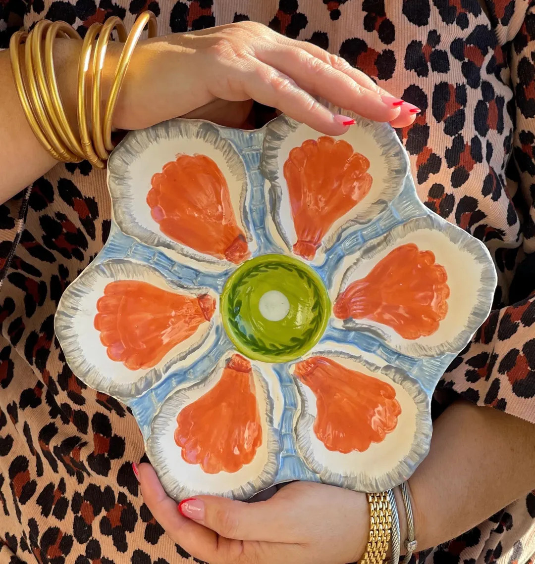 Hand Painted Cast Oyster Plate - Orange and Blue | Etsy (US)