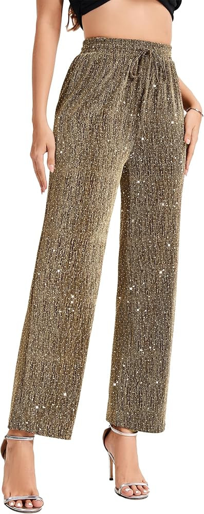 PEIQI Women High Elastic Waist Wide Leg Palazzo Pants Bling Glitter Casual Loose Long Sparkle Pan... | Amazon (US)