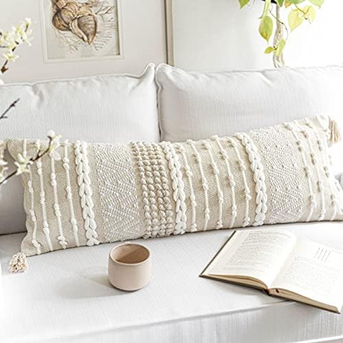 BLISSBLUSH White Cream Boho Lumbar Throw Pillow Case 14x36 inch, Neutral Body Pillow Cover, Bohem... | Amazon (US)