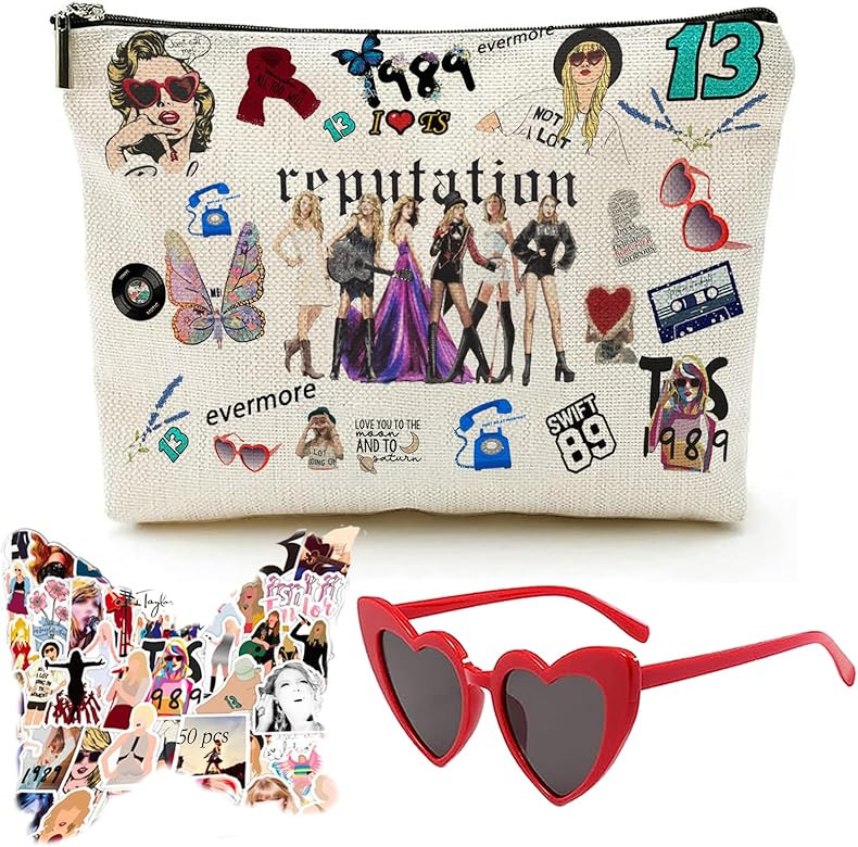 Taylor Makeup Bag Merchs Sets, Incl. 1pcs Bag, 1pcs Sunglasses and 50pcs Stickers, TS Singer Insp... | Amazon (US)