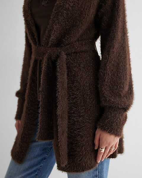 Faux Fur Sequin Balloon Sleeve Belted Cardigan | Express