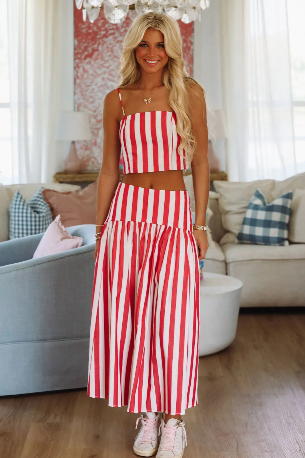 Stadium Stripes Maxi Skirt - Red and White | Hazel and Olive